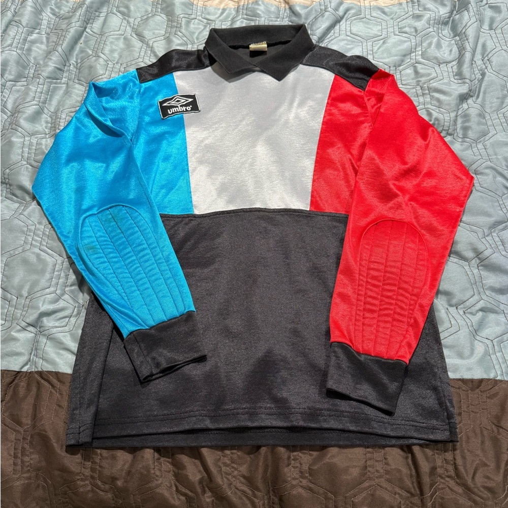 Vintage Umbro Goalie 90s Blue Red Black Long Sleeve Soccer Jersey Size XL